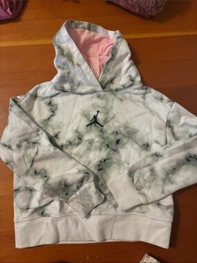 Jordan White Marble-Print Hoodie with Pink Hood Lining